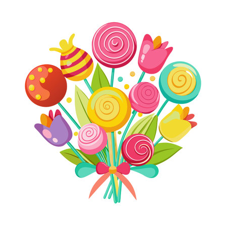 Cartoon Bouquet of Lollipops and Flowers for Celebrations and Sweet Occasionsのイラスト素材
