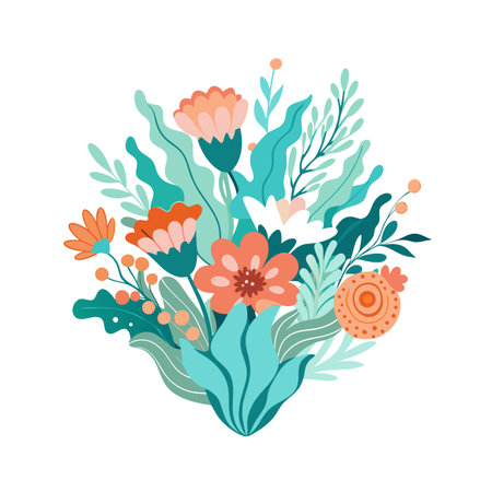 Stylish floral bouquet with a color palette of orange and teal illustrationのイラスト素材