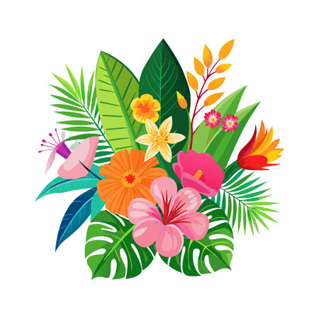 Vibrant tropical flower and leaves arrangement on white background perfect for summer promotionsのイラスト素材