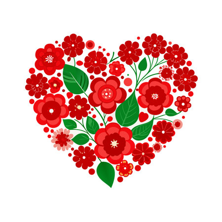 Floral heart design with red flowers and green leaves on a white backgroundのイラスト素材