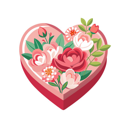 Stylized heart-shaped flower box filled with lovely roses and blossoms arranged for Valentines dayのイラスト素材