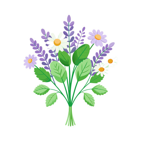 Stylized bouquet featuring daisies and lavender on a white background, perfect for spring themed contentのイラスト素材