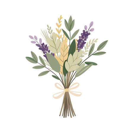 Elegant bouquet featuring lavender, leaves and wheat stalks tied with ribbon in a flat styleのイラスト素材