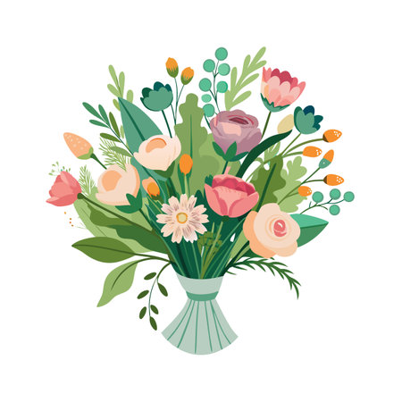 Floral Bouquet with Roses and Greenery Vector Illustration on White Background, for Stationaryのイラスト素材