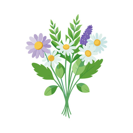Illustration of a beautiful daisy bouquet with foliage on a white backgroundのイラスト素材