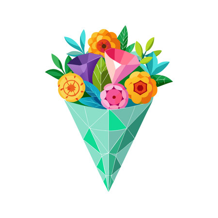 A colorful bouquet of graphic flowers and jewels in a geometric cone vase illustrationのイラスト素材