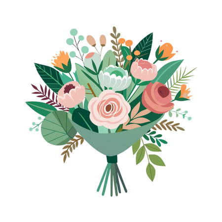 Elegant floral bouquet illustration with roses and foliage suitable for greeting cards and invitationsのイラスト素材