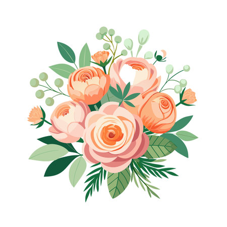 Elegant bouquet of peach and pink roses with foliage on white backgroundのイラスト素材