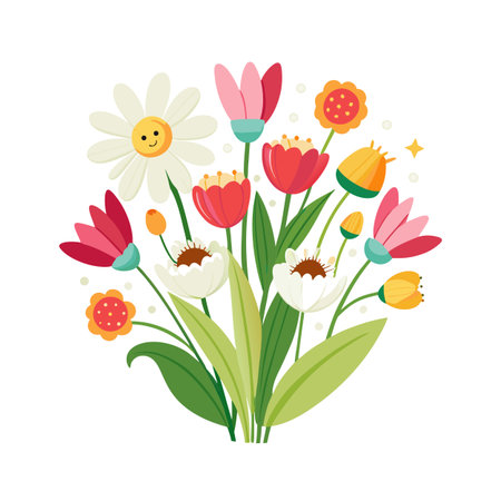 Cheerful bouquet illustration with pink, red, white, and yellow flowers on a white backgroundのイラスト素材