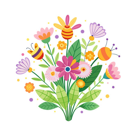 Cheerful Flat Design Flower Bouquet with Bees for Springtime Celebrations and Greetingsのイラスト素材