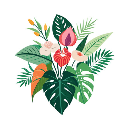 Vibrant tropical floral arrangement with monstera leaves, anthurium flowers, and palm fronds in bright colorsのイラスト素材