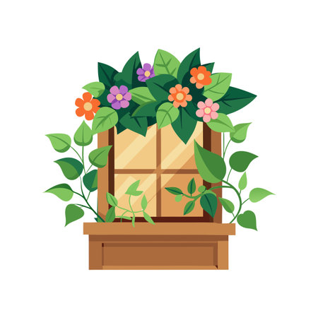 Window Box with Flowers and Plants: A Flat Design Illustration of Springtimeのイラスト素材
