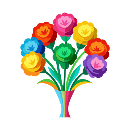 Vibrant bouquet of abstract flowers in a colorful striped vase, isolated on whiteのイラスト素材