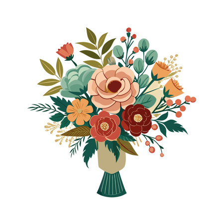 Floral Bouquet in Vase Flat Vector Illustration with Autumn Hues and Intricate Detailsのイラスト素材