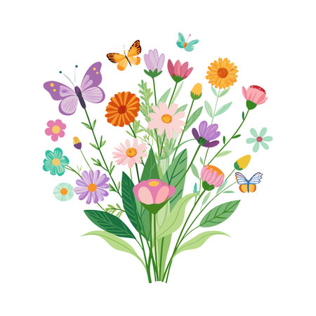 Vibrant floral bouquet with butterflies in pastel colors, springtime arrangement, vector illustrationのイラスト素材