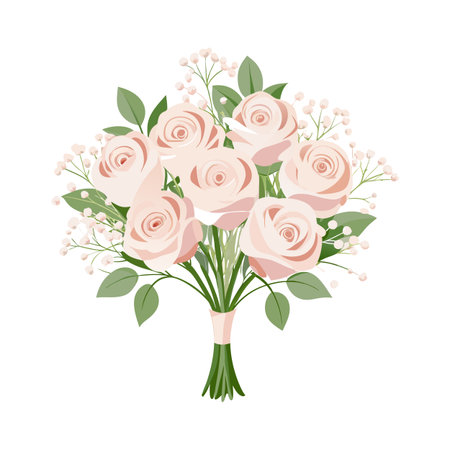 Elegant wedding bouquet with soft pink roses and baby's breath isolated on whiteのイラスト素材