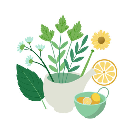 Flat lay of herbal tea ingredients with flowers, leaves and sliced lemon on whiteのイラスト素材
