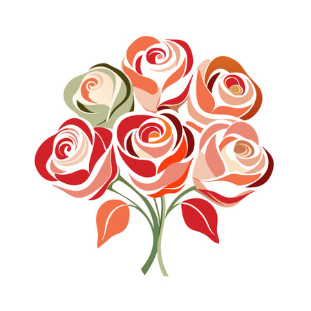 Stylized Rose Bouquet Illustration in Red, Orange and Green Tones on White Backgroundのイラスト素材
