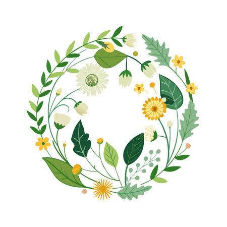 Delicate Floral Wreath Illustration with Greenery and Yellow Flowers on White Backgroundのイラスト素材