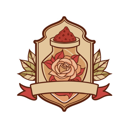 Ornamental potion bottle with rose and blank banner, vintage tattoo style illustrationのイラスト素材