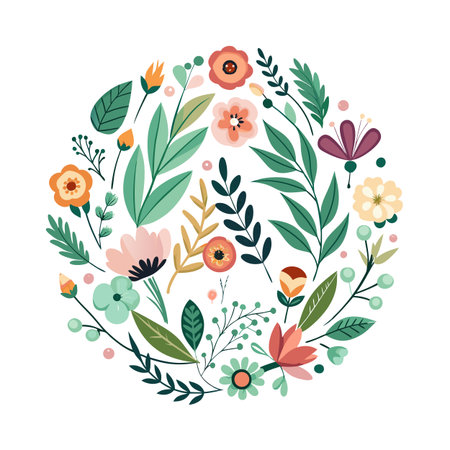 Floral wreath stock illustration with colorful blossoms and leaves on a white backgroundのイラスト素材