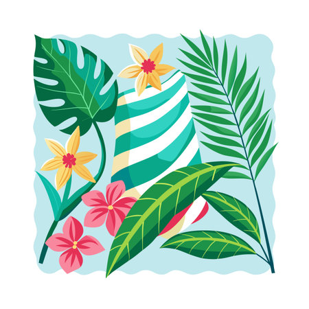 Tropical vacation scene with beach towel, flowers and palm fronds on light blue backgroundのイラスト素材