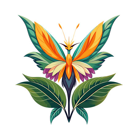 Abstract butterfly design with vibrant colors and leaf accents on a white backgroundのイラスト素材