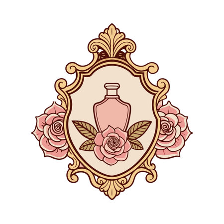 Elegant perfume bottle with floral arrangement in a classic frame illustration vectorのイラスト素材