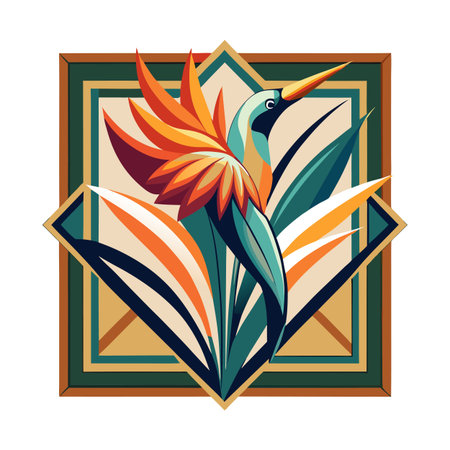 Stylized Hummingbird and Tropical Flower Arrangement in Art Deco Inspired Frameのイラスト素材