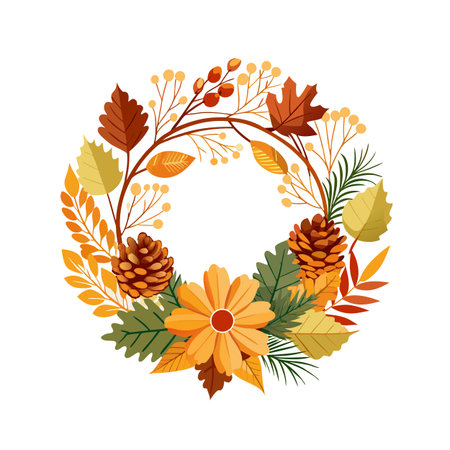 Autumn Foliage Wreath with Pinecones and Berries against White Background, Seasonal Decorationのイラスト素材