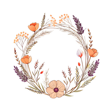 Floral wreath illustration with peach flowers, lavender, and delicate foliage on a white backgroundのイラスト素材
