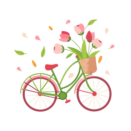 Retro Bicycle with Basket of Pink Tulips and Petals Scattered Around, Minimalist Designのイラスト素材
