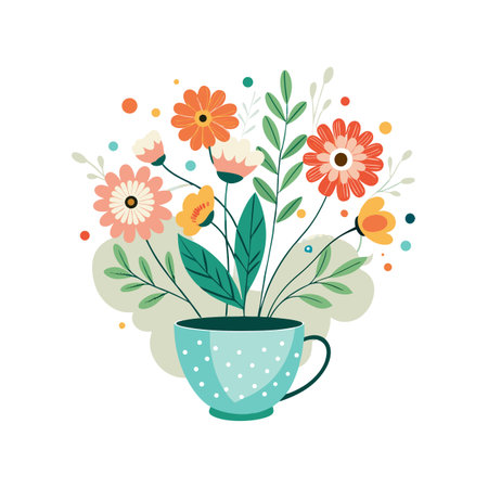 Vibrant flower arrangement in a polka-dotted teacup for spring celebrationsのイラスト素材