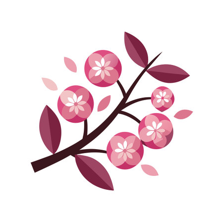 Stylized Cherry Blossom Branch with Pink Flowers and Maroon Leaves on White Backgroundのイラスト素材