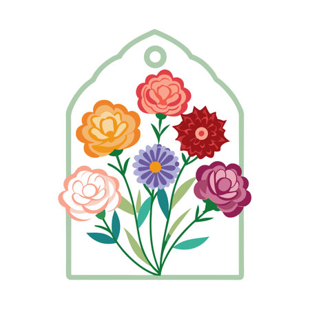 Floral Bouquet in Tag Shape, Decorative Flat Design with Various Flower Types and Green Foliageのイラスト素材