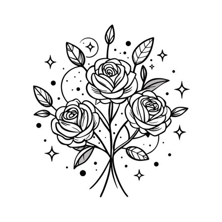 Elegant Line Art Roses Bouquet with Stars, Moon and Dots on White Backgroundのイラスト素材