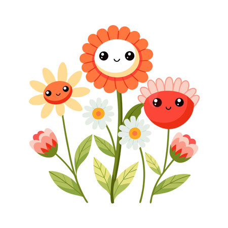 Cartoon flower arrangement with smiling faces on a white background for children's productsのイラスト素材