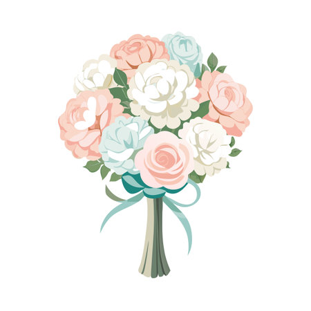 Pastel Rose Bouquet Illustration with Teal Ribbon and Neutral Handleのイラスト素材