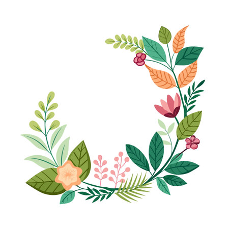 Decorative floral frame with a mix of colorful flowers and leaves, perfect for spring designsのイラスト素材