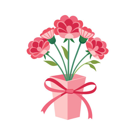 A cute bouquet of pink carnations in a pink pot tied with a ribbonのイラスト素材