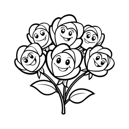Cartoon Smiling Flowers Bouquet Coloring Page for Children's Educational Activitiesのイラスト素材