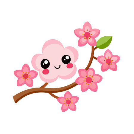 Kawaii Cherry Blossom Branch with Smiling Flower Bud in Flat Vector Styleのイラスト素材