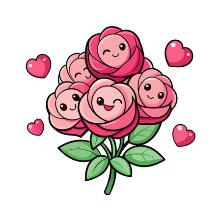 Cartoon Bouquet of Pink Roses with Faces Surrounded by Floating Hearts on White Backgroundのイラスト素材