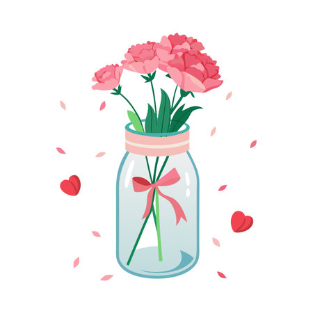 Pink Carnations in a Glass Jar with Ribbon and Hearts Floating Aroundのイラスト素材
