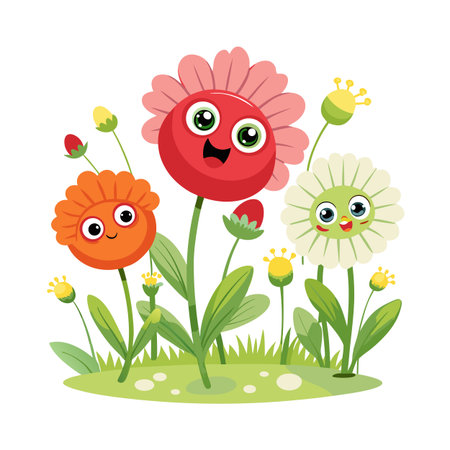 Cartoon Flowers with Faces in Garden, Cheerful Floral Design for Children's Illustrationのイラスト素材