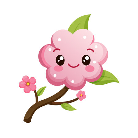 Cheerful Cartoon Cherry Blossom Branch with Smiling Flower and Pink Petalsのイラスト素材