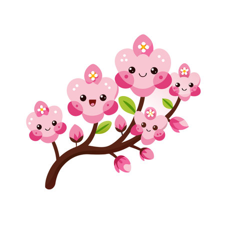 Cute Cherry Blossom Branch Cartoon Illustration with Smiling Flowers on White Backgroundのイラスト素材