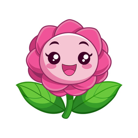Cartoon Flower Character with Smiling Face and Green Leaves on a White Backgroundのイラスト素材