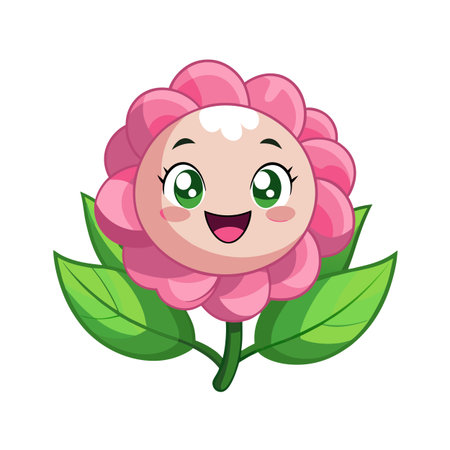 Cute cartoon pink flower character with a happy smiling face illustration isolatedのイラスト素材