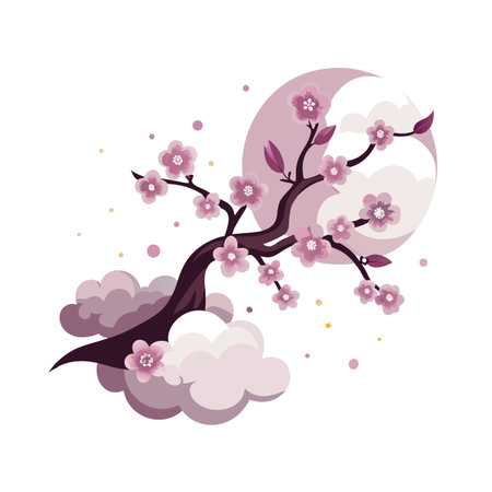 Stylized Cherry Blossom Branch with Moon and Clouds: Serene Floral Illustrationのイラスト素材